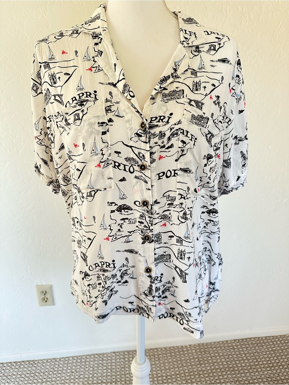 Anthropologie White Button-Down Shirt with Black Map Print and Red Accents